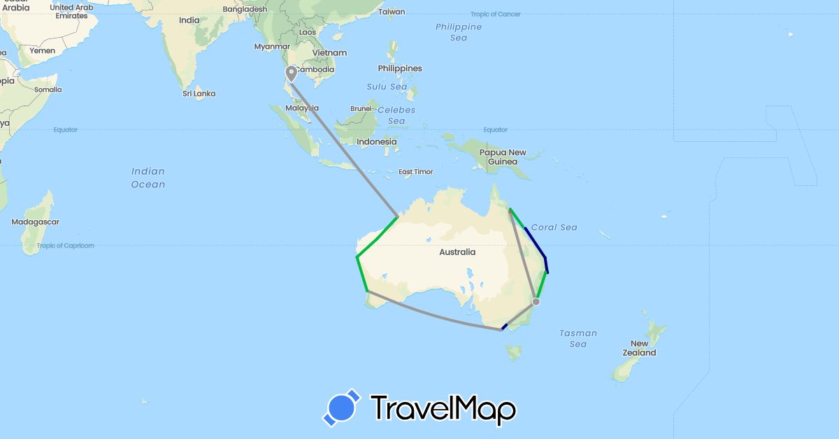 TravelMap itinerary: driving, bus, plane, hiking, boat in Australia, Thailand (Asia, Oceania)